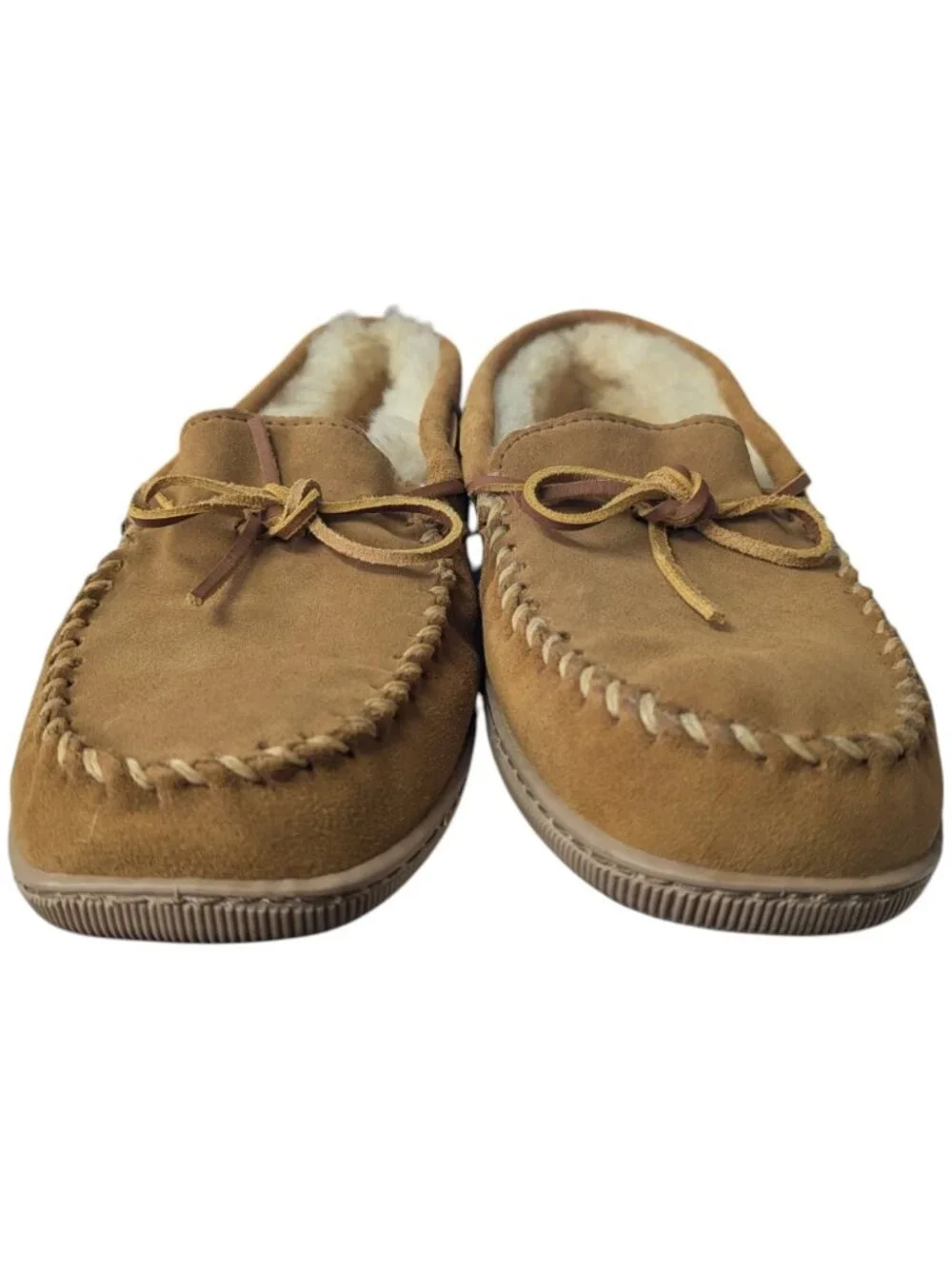 Minnetonka 3741W Moccasin Sheepskin Hardsole Mocs for Men Golden Tan Size 12